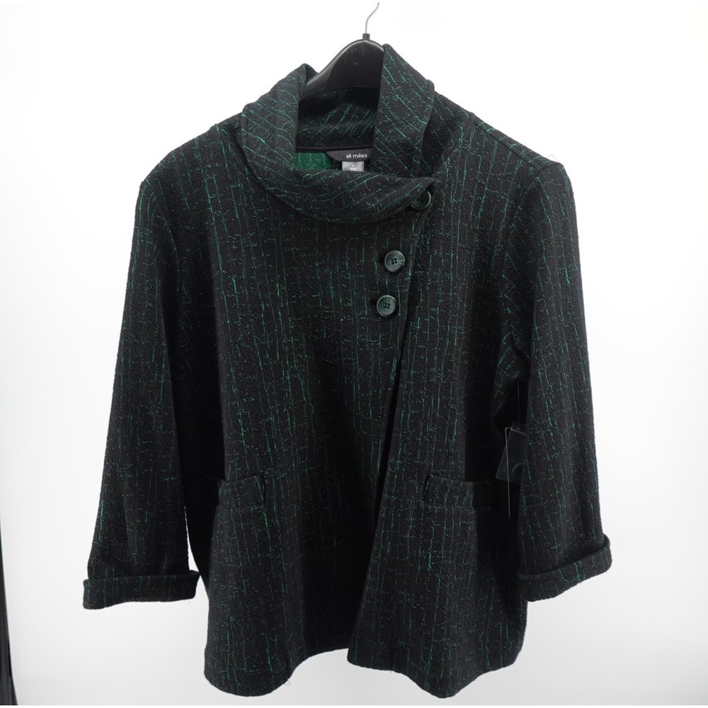 Ali Miles Emerald Green Black Textured Cowl Neck Button Front Jacket Large NEW